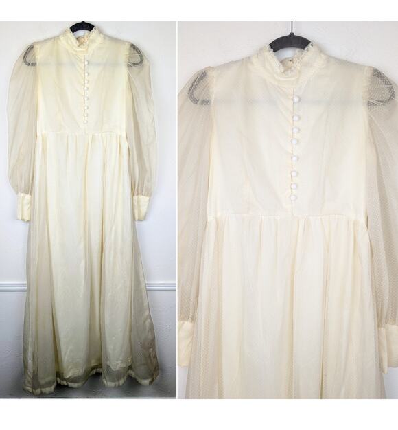 Vintage Dresses & Skirts - Vintage Maxi Dress Swiss Dot Sheer Boho Prairie Boho Coquette Fairy Cream Size S